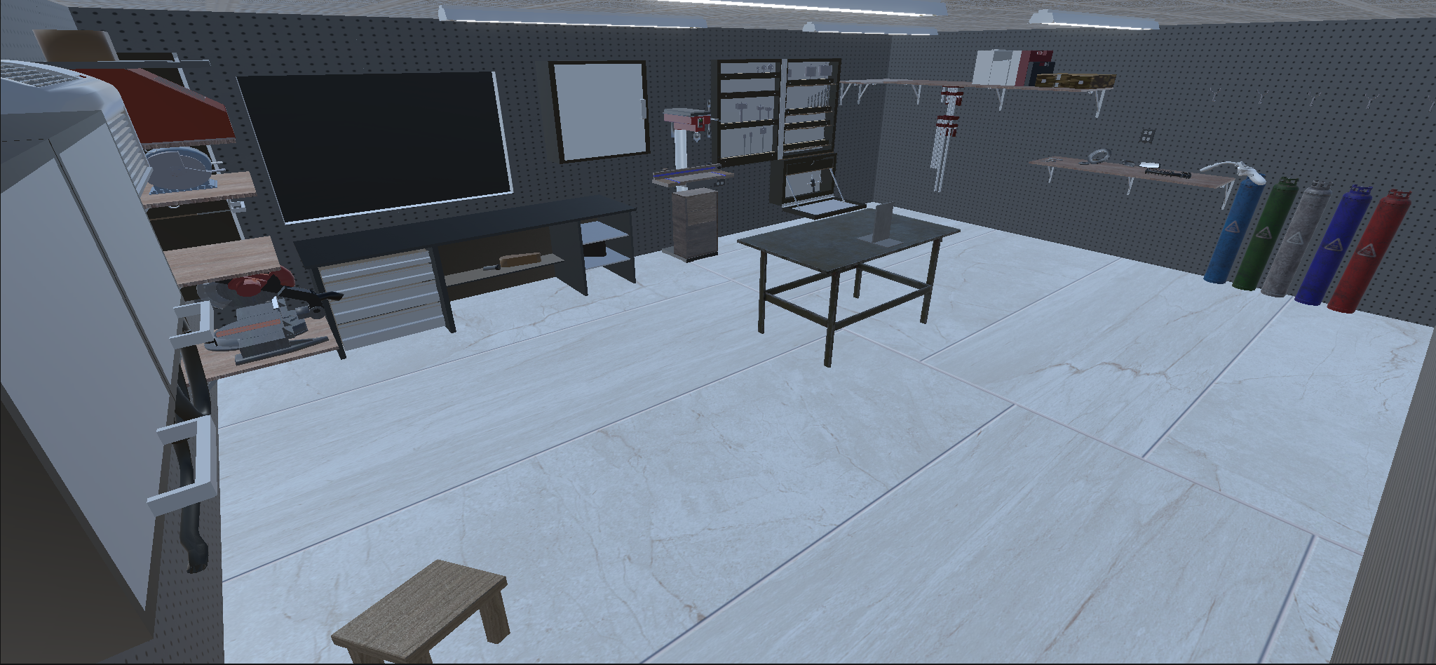 Virtual welding workshop with a welding table, tools, shelves, and gas cylinders.
